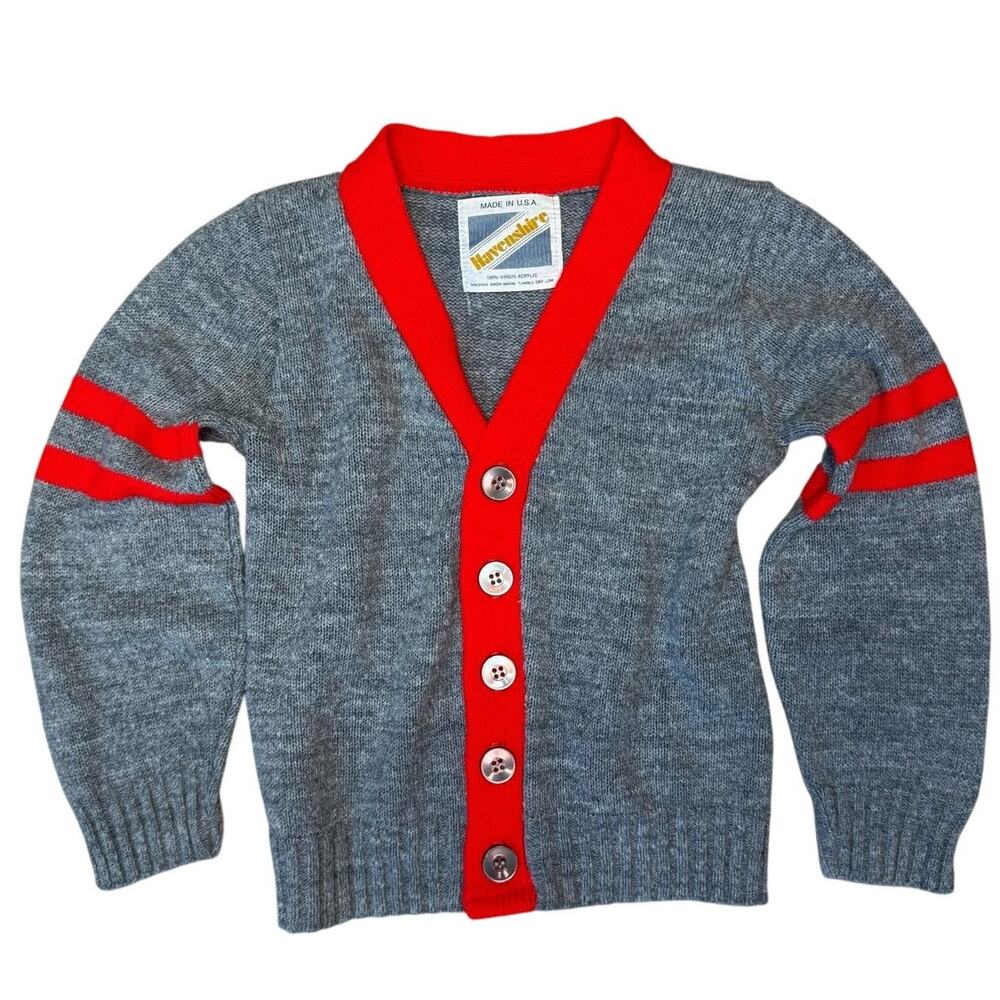 Vintage Havenshire Kid’s Wool Cardigan Sweater Gray Red Striped Size 4/5 Jersey